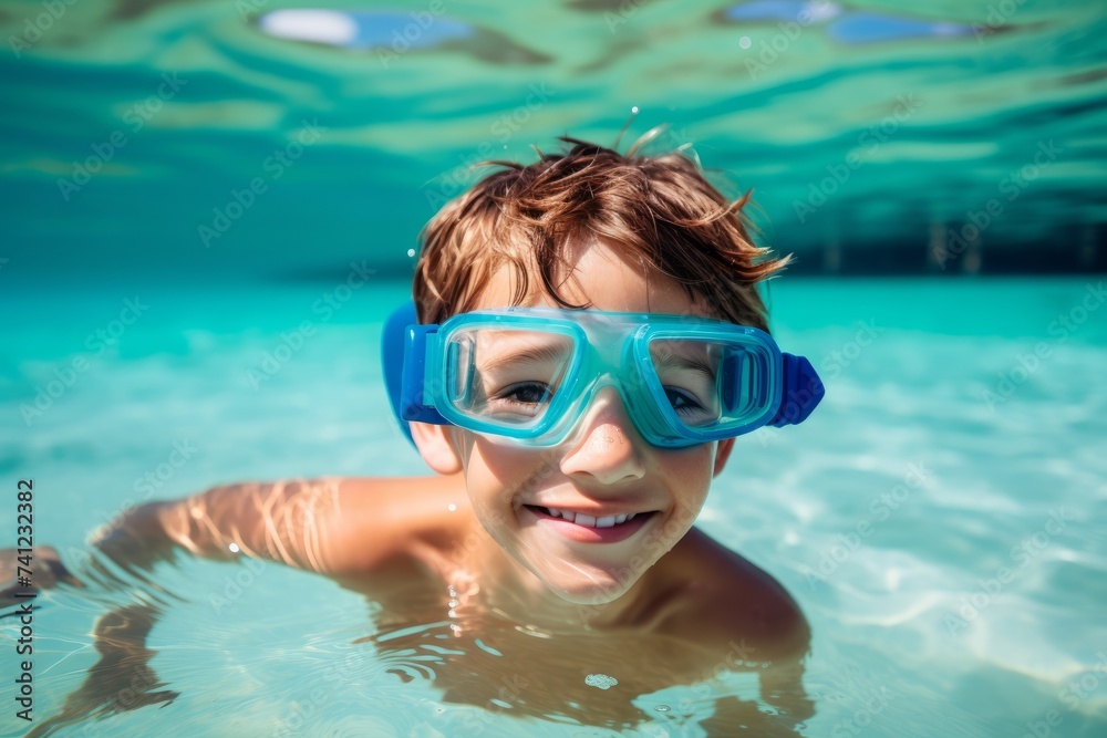 Cute little boy in swimming goggles swimming underwater on a sunny day