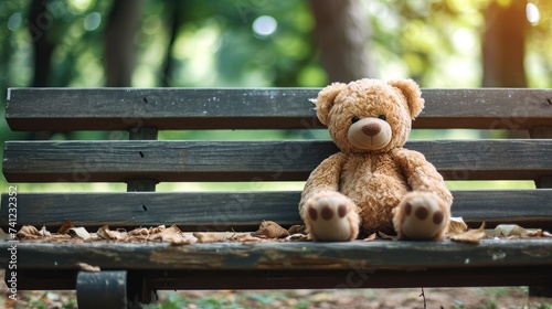 front view of a teddy bear resting on a bench in the park, radiating warmth. Ai Generated.