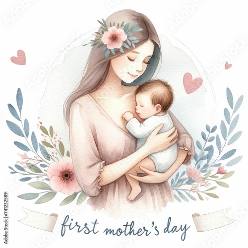 Happy Mother's Day. Greeting Card. Mom's first Mother's Day. watercolor illustration. 