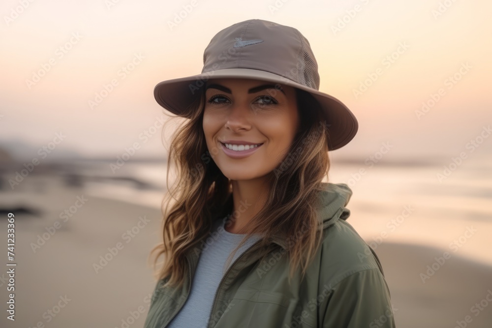 Portrait of a beautiful young woman smiling on the beach at sunset