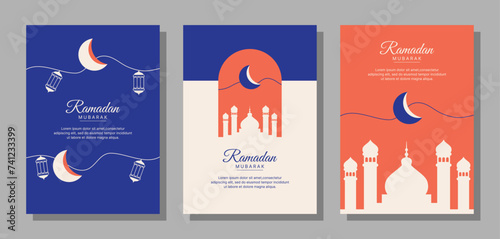 Set of vector A4 size ramadan mubarak for posters, cards, covers, and others. Beautiful designs in soft pastel colors with stylish moon, lantern and mosque.