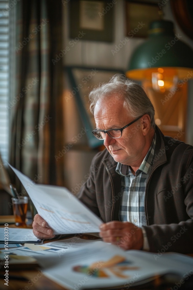 Fototapeta premium Business executive reviewing financial reports and charts in their office, making critical decisions to drive company growth, Generative AI1