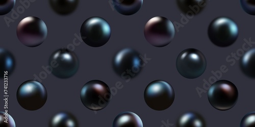 Seamless black pearls on dark background AI graphic.