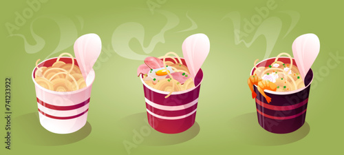 Instant noodle cups isolated on background. Vector cartoon illustration of traditional asian fast food bowls with fresh cooked ramen, fried egg and meat, spicy shrimps, restaurant menu design elements
