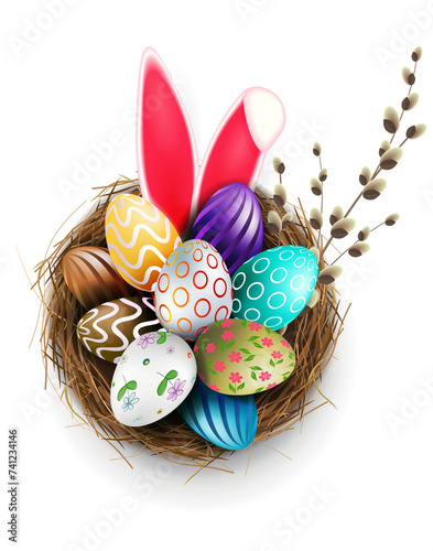 Easter eggs in a nest, isolated design element.
