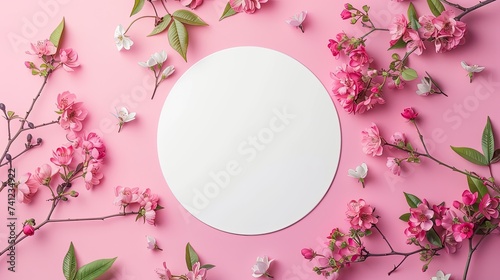 Round Mirror Surrounded by Pink Flowers on Pink Background