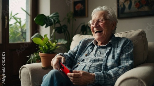 Senior Grandfather Having fun and laughing with games and technology. Generative AI.