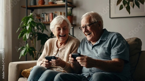 Group of Senior Couples Having fun and laughing with games and technology. Generative AI.