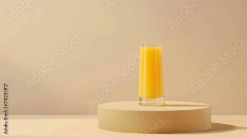 A glass of fresh orange juice on a podium on a beige background. Yellow liquid in a glass glass. 