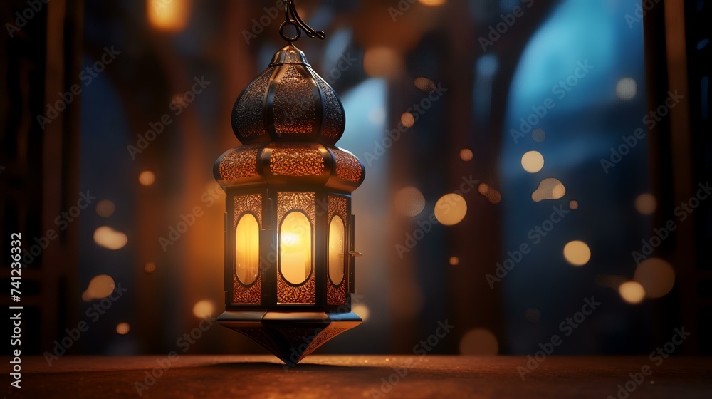 Ramadan Kareem greeting card. Islamic lantern on the street at night. 3D rendering. Ramadan Kareem greeting card. Islamic lantern on the street at night. 3D rendering.