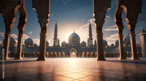 3D Illustration of a beautiful mosque at sunset. Ramadan Kareem background photo