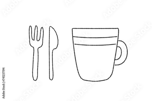 シンプルなカトラリーとマグカップのモノクロ線画イラスト