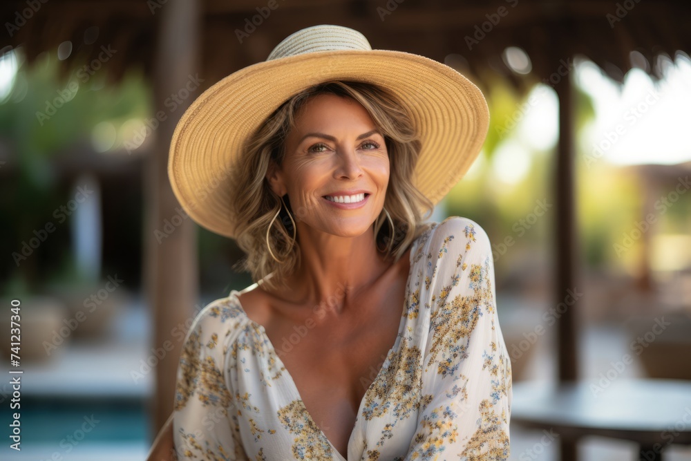 Portrait of beautiful mature woman in straw hat at swimming pool.