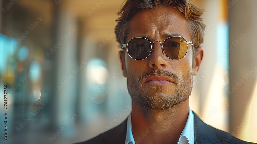Stylish Man in Sunglasses Looking Ahead in Golden Age Aesthetics