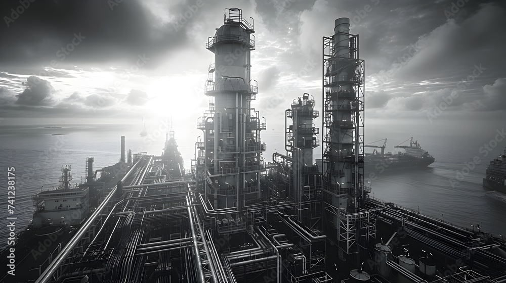 Black and White Oil Refinery at Sunrise