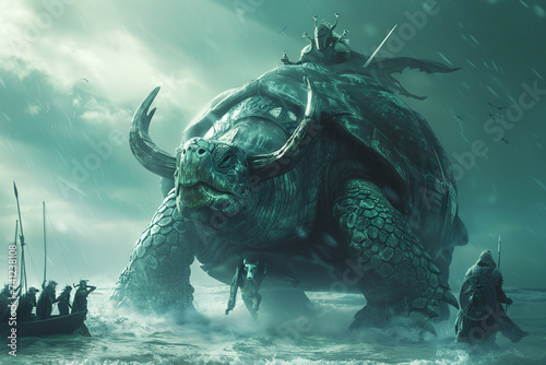 A colossal turtle carries warriors across a tempestuous sea.