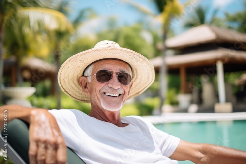 Portrait of happy senior man in hat and sunglasses sittingchair near swimming pool photo