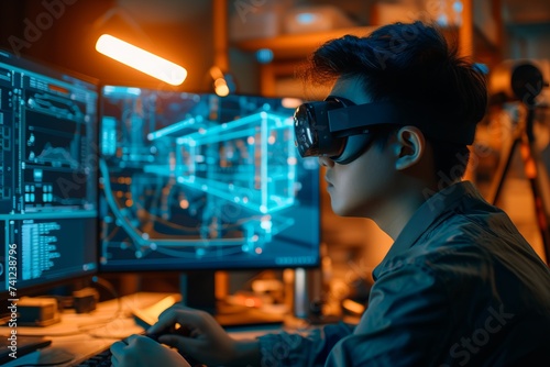 engineer man wearing Virtual Reality (VR) glasses to monitor automatic machine system software in smart factory.