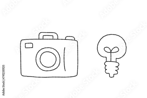 カメラと豆電球の線画イラストセット