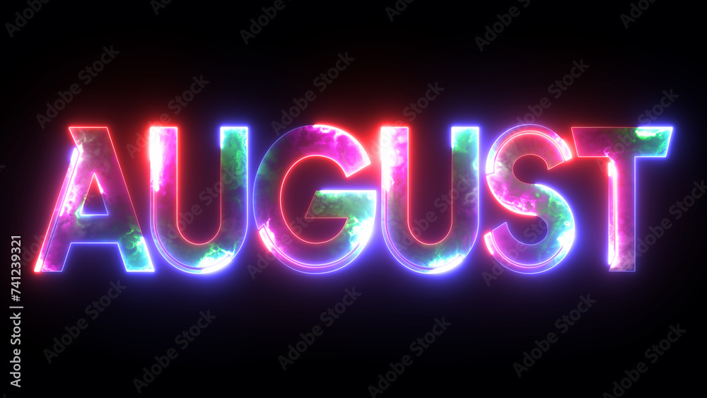 Glowing colorful light neon text month of August. Abstract glowing August month text neon light effect background. 3d illustration rendering Glowing colorful light neon text month of August. Abstract glowing August month text neon light effect background. 3d illustration rendering