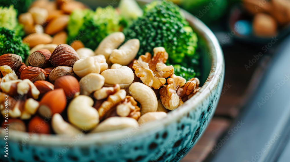 Assorted Nuts and Broccoli in a Bowl on Table Assorted Nuts and Broccoli in a Bowl on Table