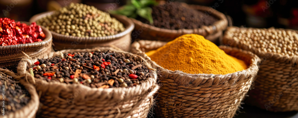 Assortment of Spices in Filled Baskets