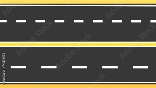 Highway road with white markings with yellow middle lines. Asphalt highway with road white markings background. Moving asphalt road looping. highway driving concept.