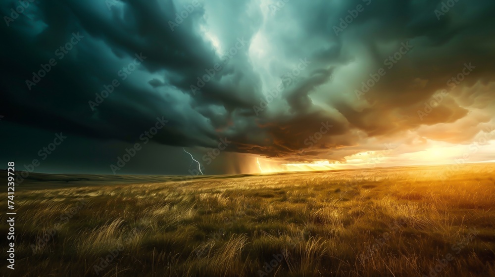 Storm clouds above a field and the sun driving them away - obrazy, fototapety, plakaty 