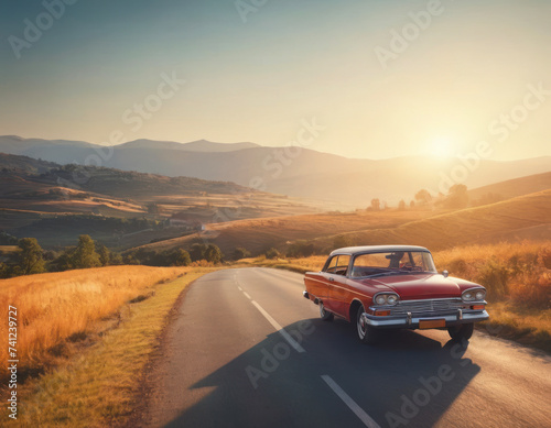 A small red retro car drives off into the distance towards the hills