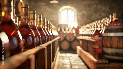 Row of Wine Bottles on Wood Shelf photo
