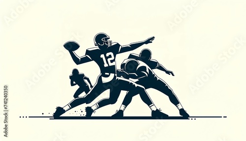 Silhouette of a quarterback throwing a football during a game with teammates in defensive positions around him, rendered in a minimalist black and white style.Sport concept.AI generated. photo