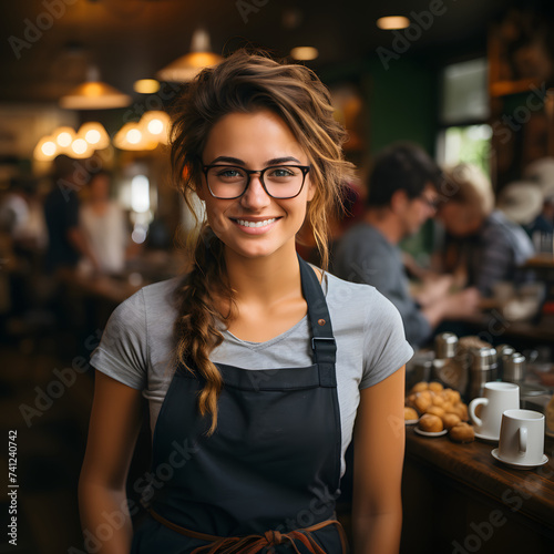 Portrait of Female Barista Smiling While Folding Hands in Coffee Shop. Woman Wearing Apron