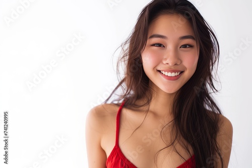 full body of beauty Asian female model smiling, age 18, big eyes, dimples, wearing an red crop top, studio lights, sharp image, white back ground photo