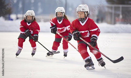 Group of Young People Playing Ice Hockey
