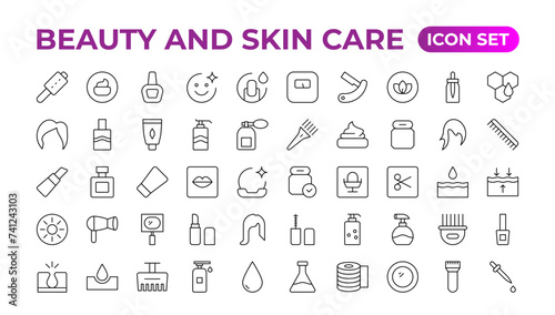 Skin care flat line icons set. Moisturizing cream, anti-age lifting face mask, SPF whitening gel. Outline signs for cosmetic product packages. Skin Care icon Contains linear outlines like Acne,