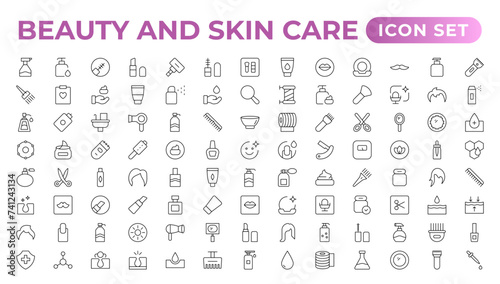 Skin care flat line icons set. Moisturizing cream, anti-age lifting face mask, SPF whitening gel. Outline signs for cosmetic product packages. Skin Care icon Contains linear outlines like Acne,