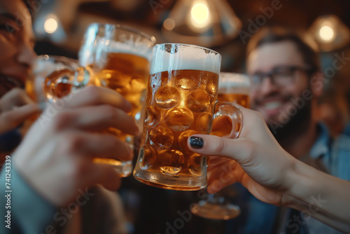Friends celebrating at a bar with glasses of beer