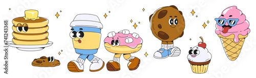 Groovy dessert characters set isolated on white background. Vector cartoon illustration of retro restaurant mascots, sweet food, pancake, chocolate cookie, donut, ice cream, muffin, coffee cup smiling
