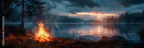  Glowing campfire by the sunset lake in the background 