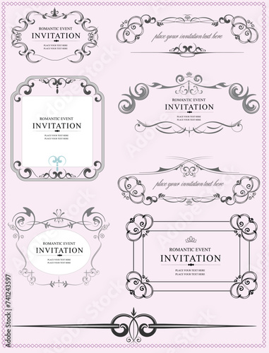 Collection of ornate vector frames and ornaments with sample text. Perfect as invitation or announcement.