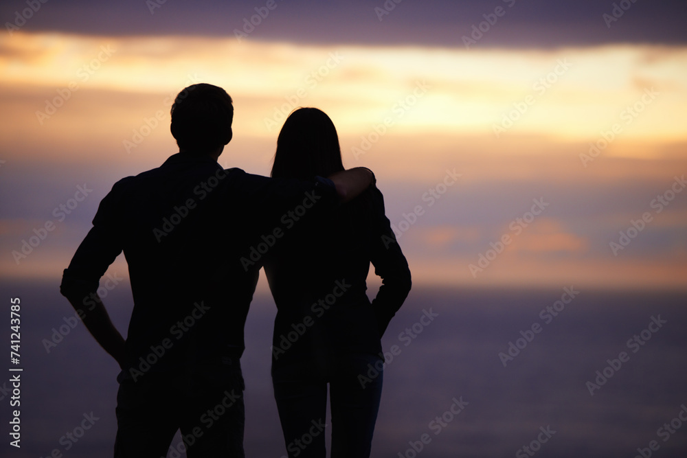 Back, sunset sky and couple hug with silhouette, view outdoor with nature and travel together for love and bonding. Adventure, journey and people in environment, mockup space with support and trust