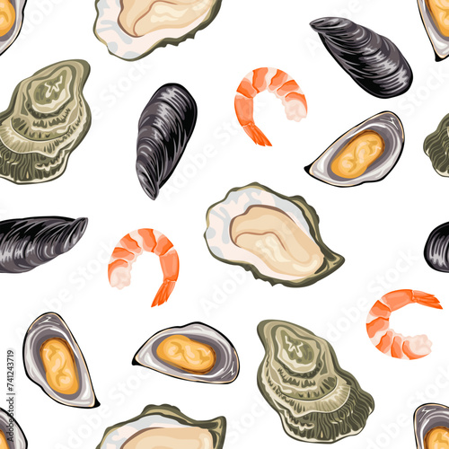 Seafood background. Seamless pattern with oysters, mussels and shrimps on white. Vector cartoon illustration of healthy food.