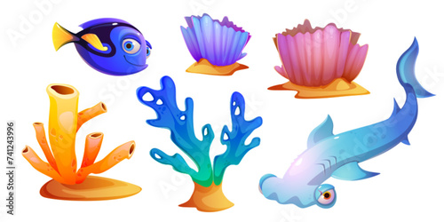 Set of fish, seaweeds and coral reefs isolated on white background. Vector cartoon illustration of underwater seabed or aquarium bottom design elements, colorful aquatic plants, hammerhead shark