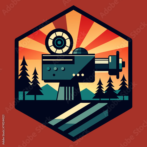 Silhouette of a movie camera with filmstrip forming the background. vektor illustation