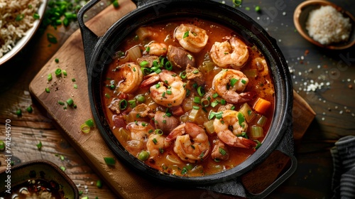 Classic Shrimp and Sausage Gumbo in Cast Iron Skillet, Spicy New Orleans Stew with Rice and Scallions