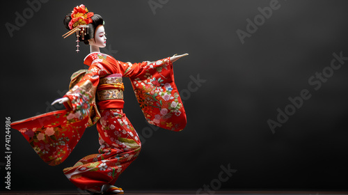 Traditional Japanese girl puppet doll wearing classic red floral kimono posing reaching out on black background with copy space. generative ai