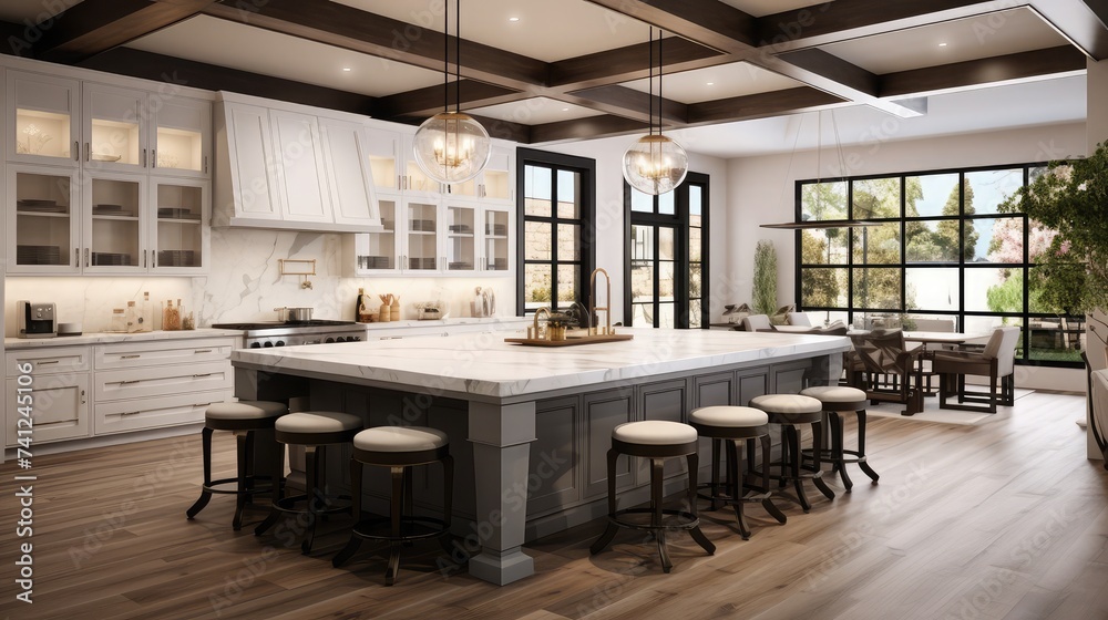 beautiful kitchen interior with white marble and granite white glass front cabinets eating counter bar stools appliances hardwood floors wooden beams wrought iron light fixtures spacious and lived in