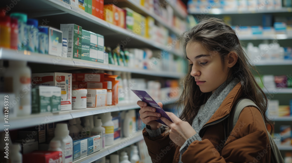 A young woman stands and reads medicine labels in a pharmacy.