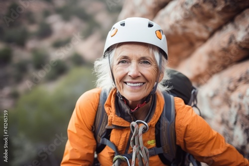 Portrait of a senior woman climber with helmet on her head