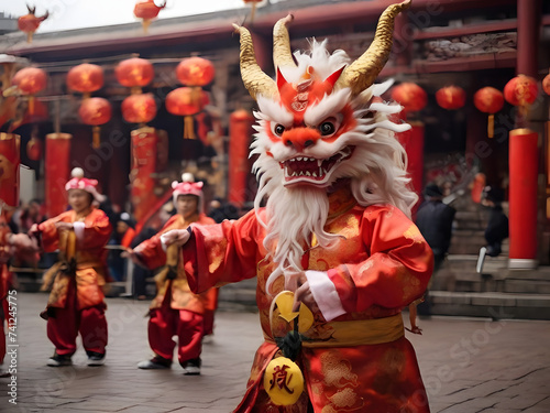 "Dance of the Dragon: A Cultural Celebration" "Majestic Dragon Dance: A Lunar New Year Tradition" "Vibrant Colors of the Chinese Dragon Dance" "Mythical Grace: The Art of the Dragon Dance" "Folklore i